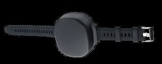 Black smartwatch with round display and textured rubber band