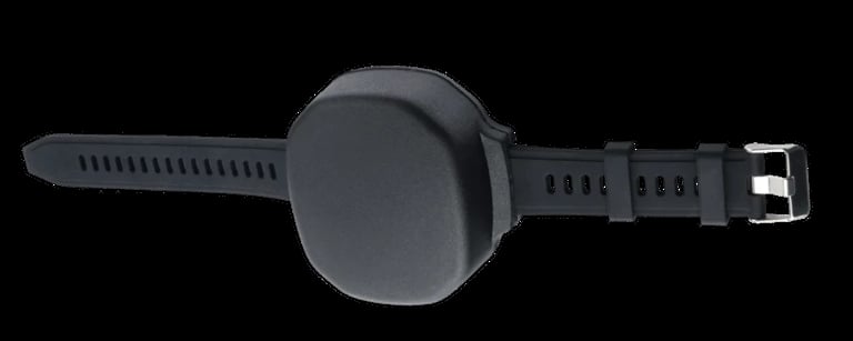 Black smartwatch with round display and textured rubber band