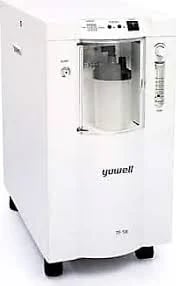 White Yuwell oxygen concentrator machine with control panel and oxygen outlet ports on front