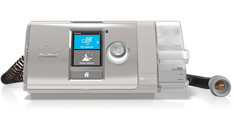 ResMed CPAP machine with digital display, control buttons, and tubing connector on white background