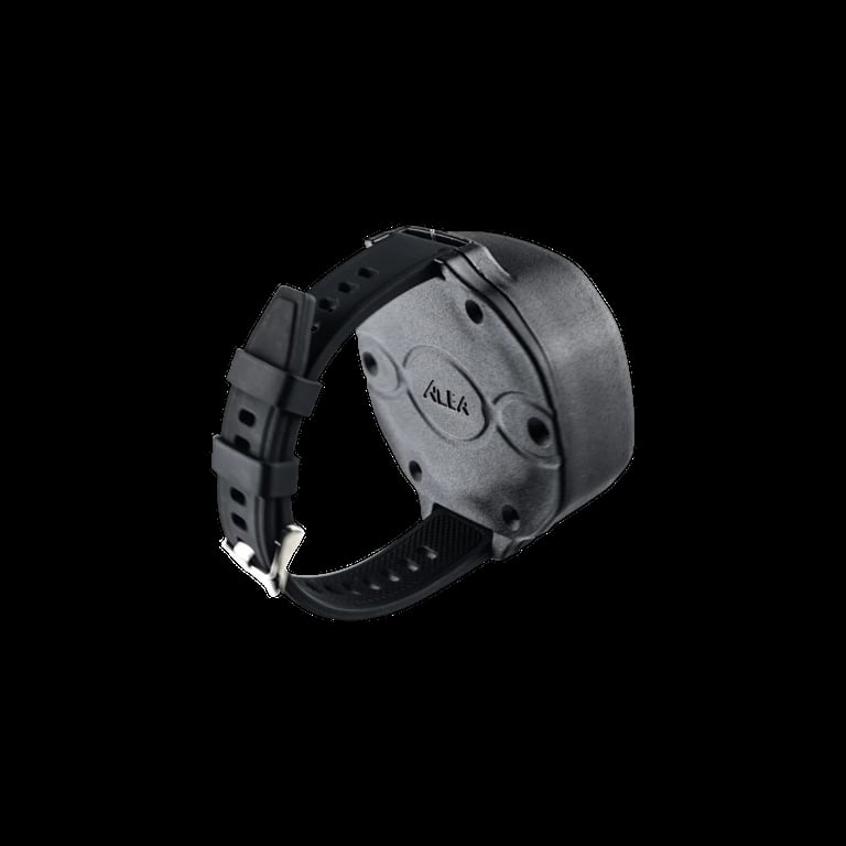 Digital sports watch with round silver and black case and black adjustable strap