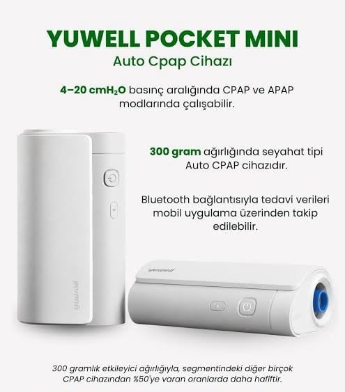 Yuwell Pocket Mini auto CPAP machine with portable device and specifications showing pressure range and 300g weight capacity
