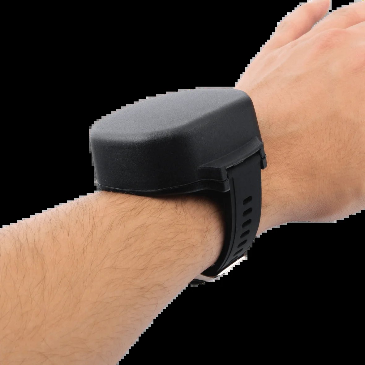 Black smartwatch with curved display worn on a persons wrist against a black background