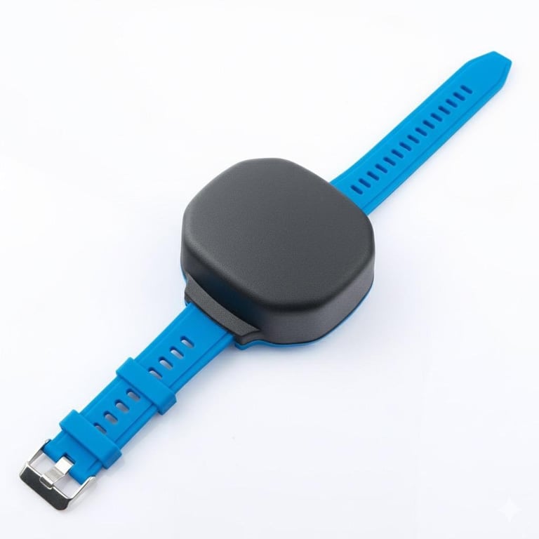 Smartwatch with dark gray round face and bright blue silicone strap